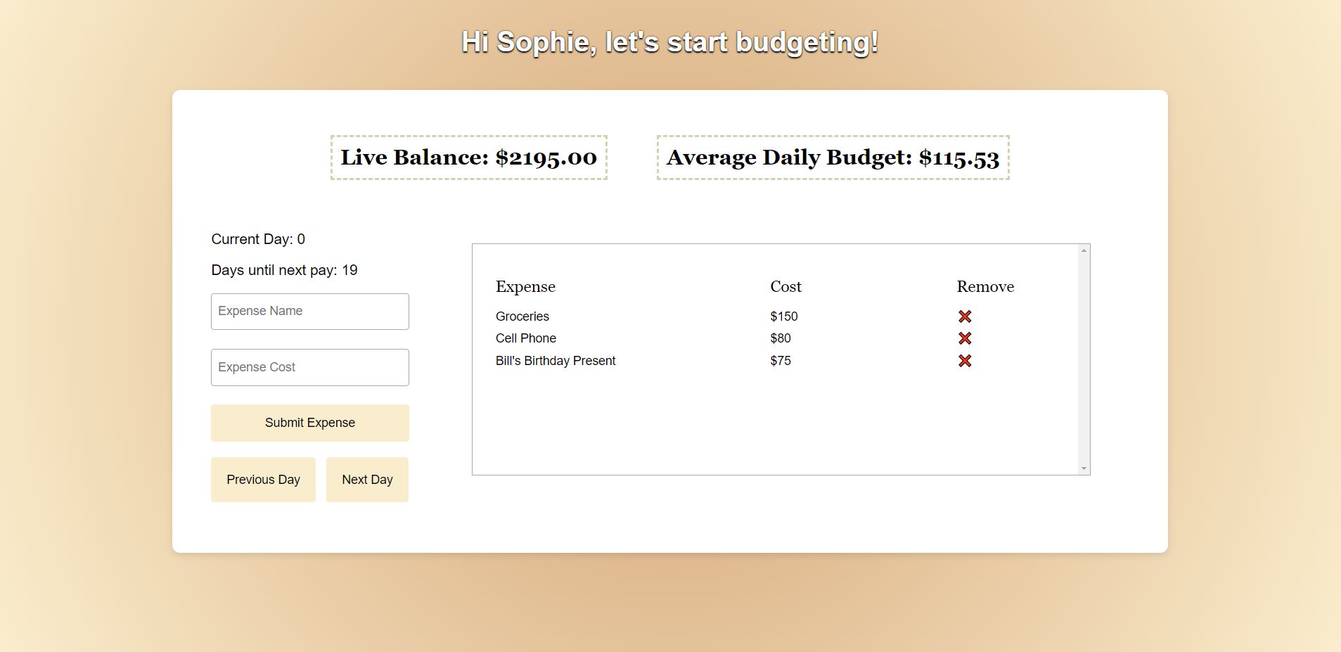 Screenshot of the balance screen